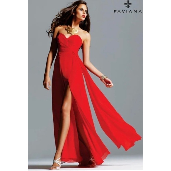 Faviana Sz 6 Red Long Formal Strapless Sweetheart Dress Gown Cape Train Ruched